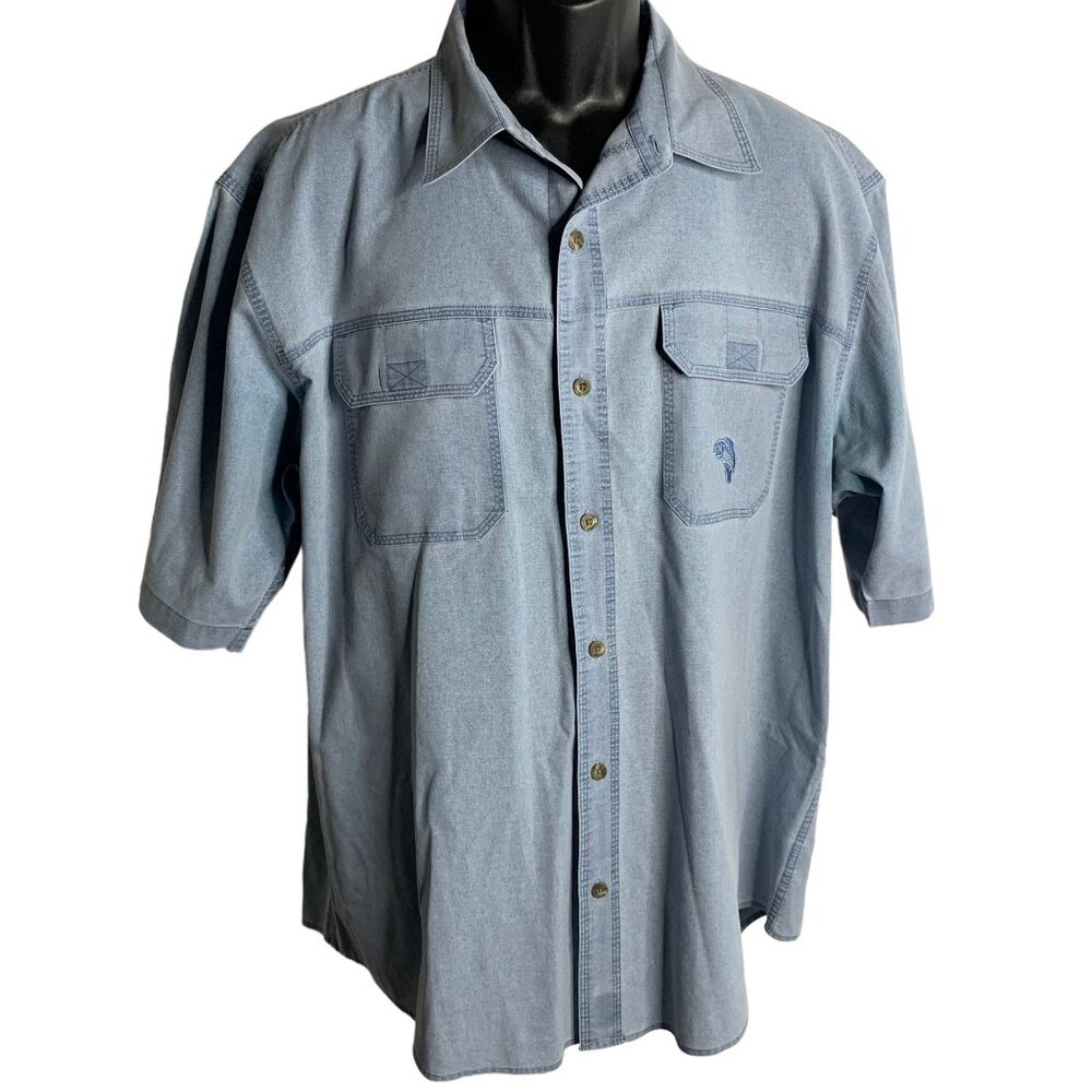 Red Head Button Up Chambray Fishing Shirt XL Blue Denim Pockets Short Sleeves